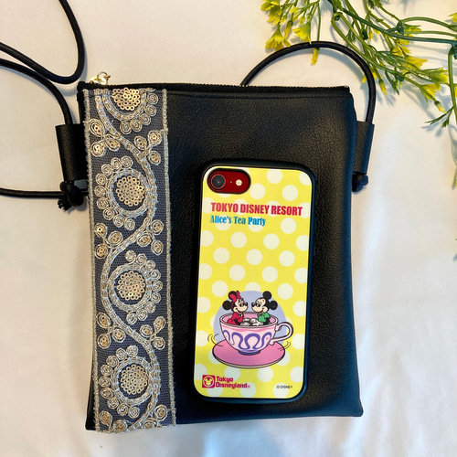 【刻印キーホルダー付き】インド刺繍リボン　本革　スマホショルダーポーチ リング付ポーチ 【 インド刺繍 01 × シュリンクレザー 】 花柄