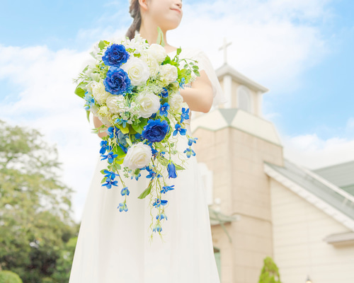 水色ブーケ ブートニア♡青ブーケ結婚式ブルーブーケ水色