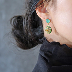 14KGF/ AQUA CHALCEDONY GREEN CRYSTAL VINTAGE EARRINGS 4枚目の画像