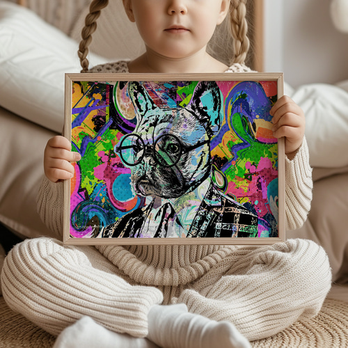フレンチブルドック メガネ アート 絵画 新品 フレンチブルドック メガネ アート 絵画 新品