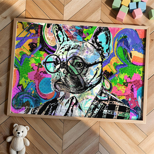 アートポスター フレンチブルドッグ メガネ犬のポップアート