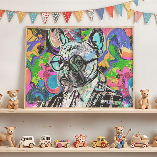 Amazon.co.jp: 油絵 犬 フレンチブルドッグ アート 黒白 眼鏡