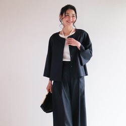 套裝【海軍藍】可機洗羊毛混紡A字型插肩袖外套與後腰鬆緊帶寬褲♥ 第5張的照片