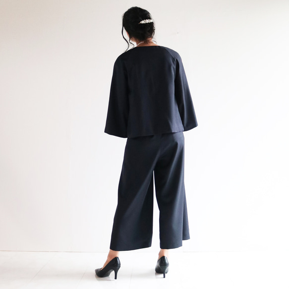 套裝【海軍藍】可機洗羊毛混紡A字型插肩袖外套與後腰鬆緊帶寬褲♥ 第3張的照片