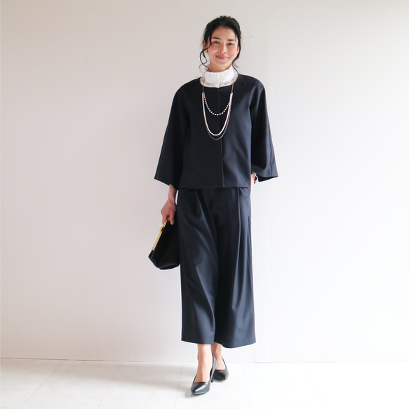 套裝【海軍藍】可機洗羊毛混紡A字型插肩袖外套與後腰鬆緊帶寬褲♥ 第8張的照片