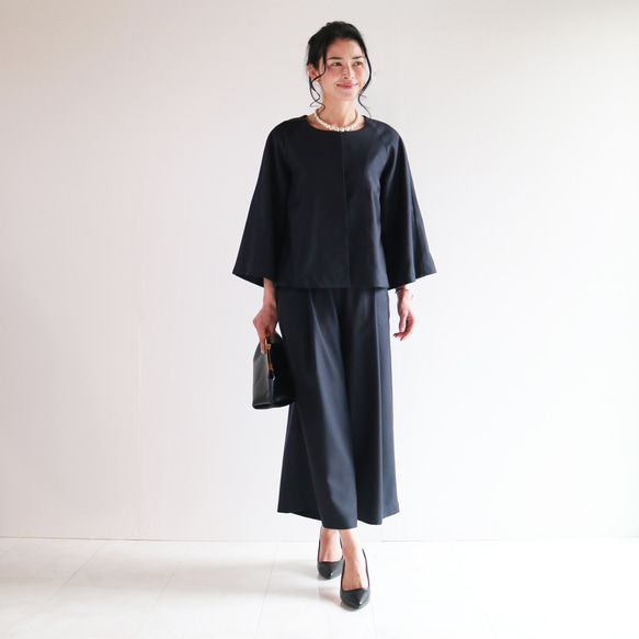 套裝【海軍藍】可機洗羊毛混紡A字型插肩袖外套與後腰鬆緊帶寬褲♥ 第2張的照片