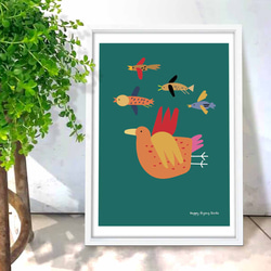 たのしく飛ぶ鳥たち　イラスト　ポスター  A4　アートポスター　全作オリジナル　アートsei（新着順）で検索　1136 2枚目の画像