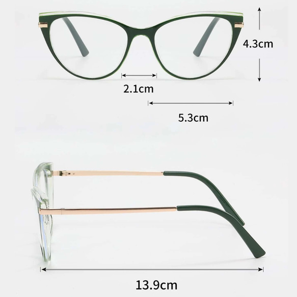 フォックス型の緑色フレーム｜老眼鏡、だてメガネ、近視用・乱視用・サングラスとして作成OK 3枚目の画像