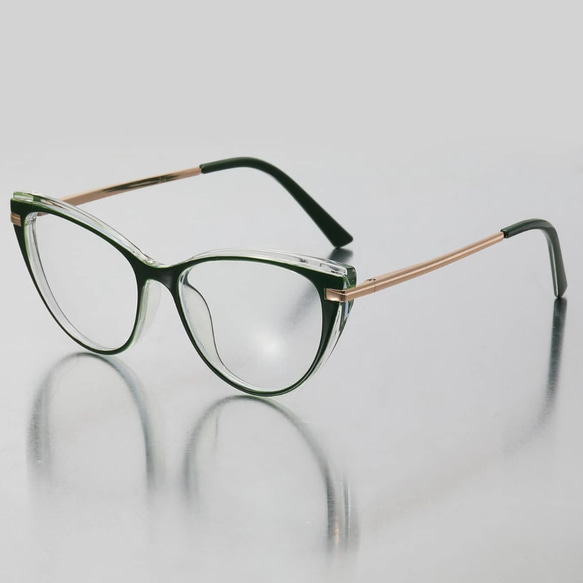 フォックス型の緑色フレーム｜老眼鏡、だてメガネ、近視用・乱視用・サングラスとして作成OK 2枚目の画像