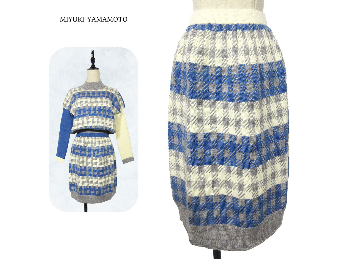 【千鳥格子】膝上スカート / ウール100％ / １点物 / ニットウェア (No,466)