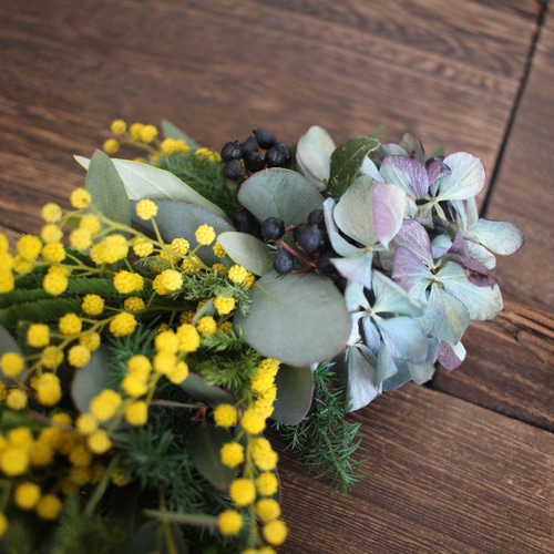ミモザと紫陽花のハーフリース✳︎ドライフラワーwreathe◎23センチ  