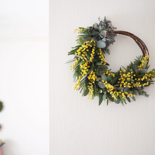 ミモザと紫陽花のハーフリース✳︎ドライフラワーwreathe◎23センチ  