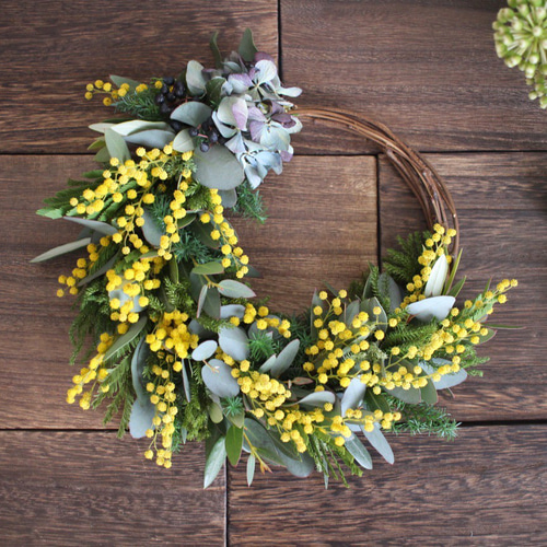 秋色紫陽花とミモザのハーフリース✳︎ドライフラワー◎23センチ