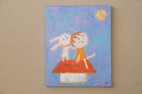 【おつきみ】＃原画＃イラスト＃ヒーリングアート＃キャンバス＃癒し＃絵画＃子供＃うさぎ＃幸せ＃あたたかい 1枚目の画像