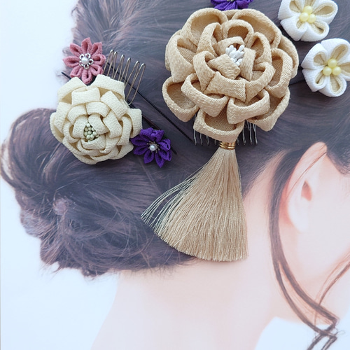 つまみ細工 髪飾りセット カメリア タッセル付き ベージュ 成人式 和装