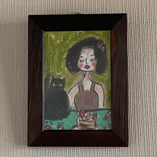 絵画。原画☆キャンバスF6【黒猫はプレゼントを持って花が咲く日を迎え