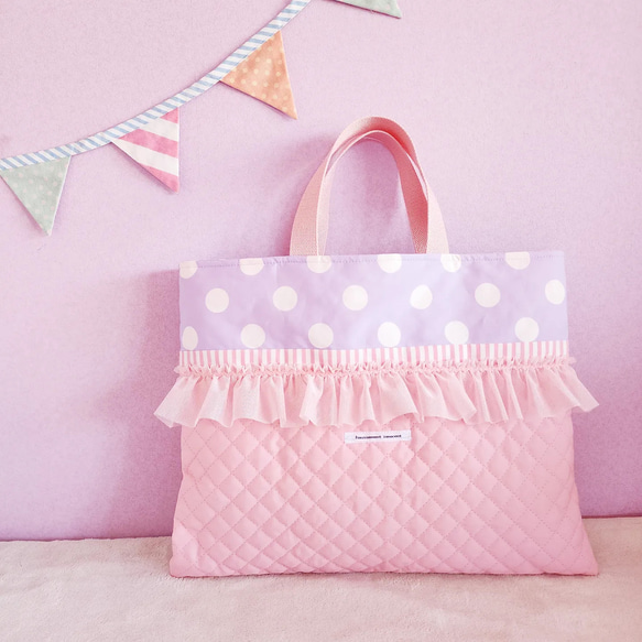 【3件套裝】荷葉邊絎縫●課包●鞋盒●健身衣架粉紅色×紫色尺寸可變 第2張的照片