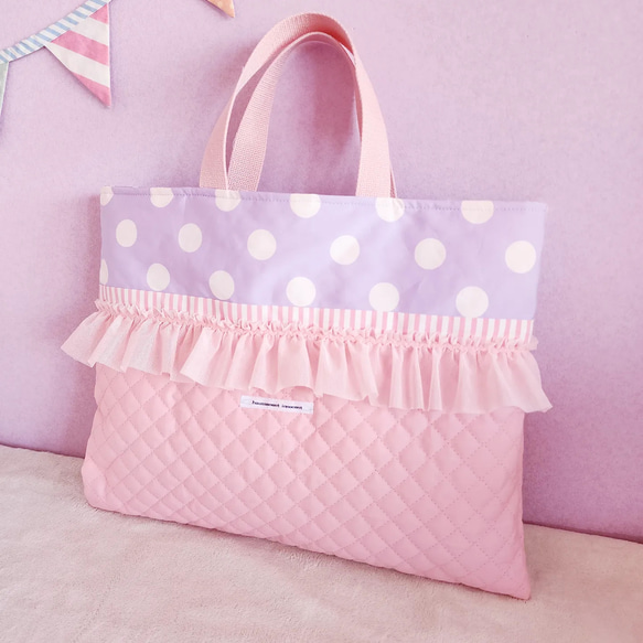 【3件套裝】荷葉邊絎縫●課包●鞋盒●健身衣架粉紅色×紫色尺寸可變 第3張的照片