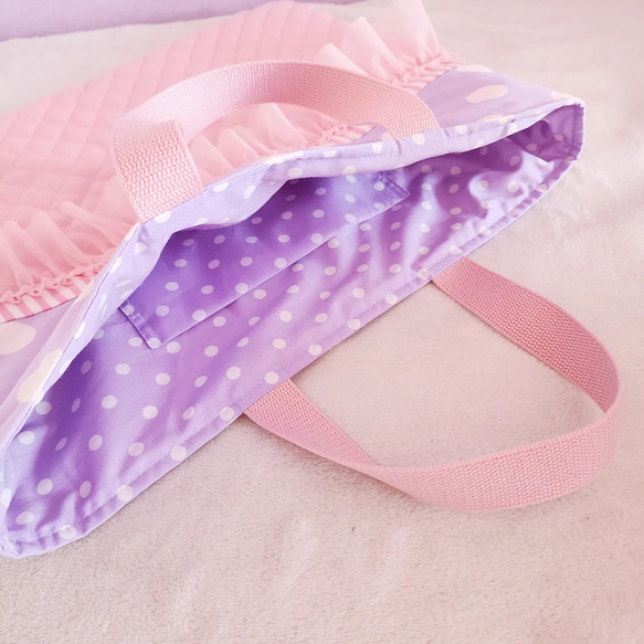 【3件套】褶邊絎縫●課包●鞋盒●背包粉色×紫色尺寸可變 第5張的照片