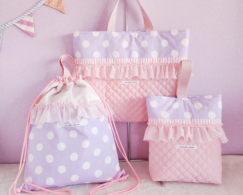 ことぽこさま☆専用　フリルレッスンバッグ ジュース入れ　水玉　ドット 657b460b0162ad2019aed9969b960b