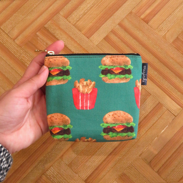 ハンバーガー柄✽ミニポーチ【hamburger! /グリーン】オリジナル生地 5枚目の画像