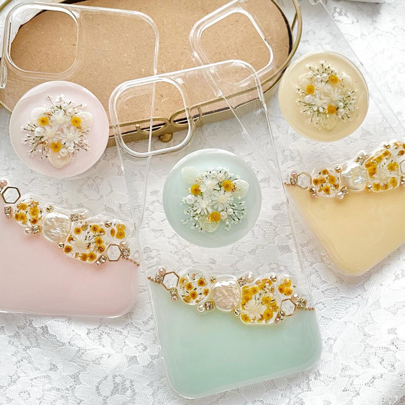 iPhoneケース　スマホケース　Android ミモザ　flower jewelry スマホグリップ　押し花 4枚目の画像