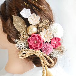 髪飾り　アイボリー×グレージュ　つまみ細工 つまみ細工とドライフラワーの髪飾り アイボリー グレージュ ヘアピン