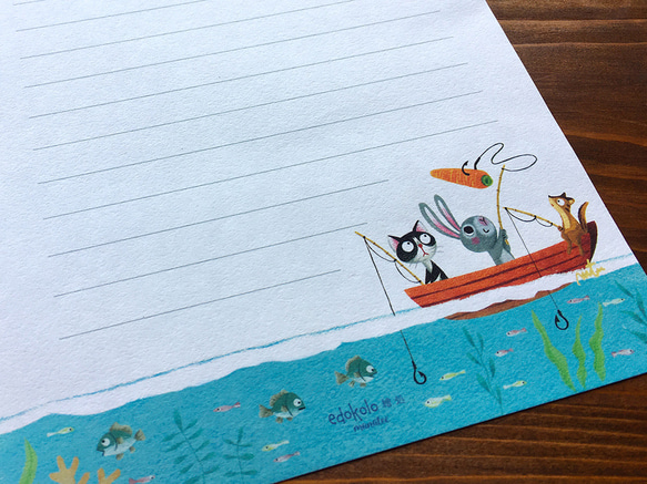 ［和紙 A5サイズ ］レターセット「釣り」ハチワレ猫のモー、ウサギのラビ、シマリスのマリス/宛名ラベル・封かんシール付き 2枚目の画像