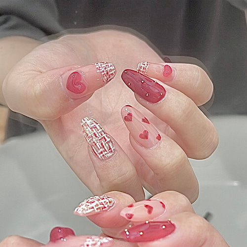 No.22 ぷっくりハート♡バレンタイン ツイード ネイルチップ