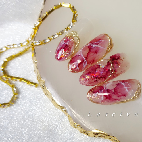 天然石ネイル／ピンク／大人可愛い／綺麗め／インクジェル／上品