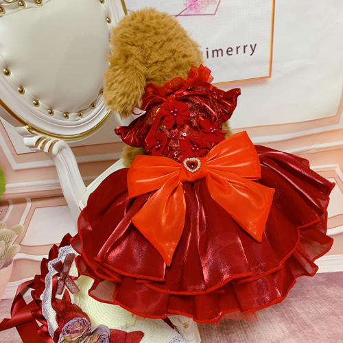 犬猫うさちゃん服 ♡ハート×ハート♡ワインレッドのショート丈ドレス