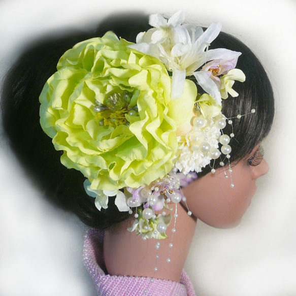 髪飾り 成人式 卒業式 結婚式 花 バラとネリネ小花 緑 振袖 袴 浴衣 着物 5枚目の画像