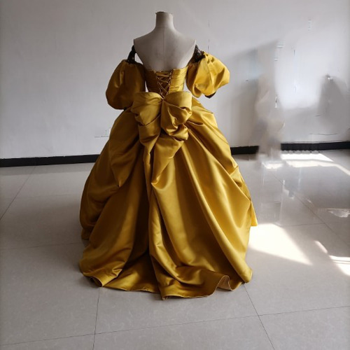 3waysマスタードイエローカラードレス ロング丈 ベアトップ 取り外し  