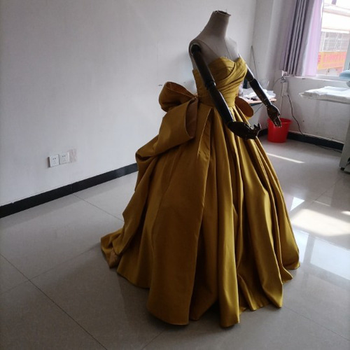 3waysマスタードイエローカラードレス ロング丈 ベアトップ 取り外し  