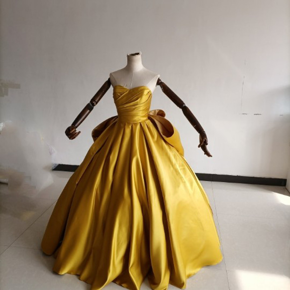 3waysマスタードイエローカラードレス ロング丈 ベアトップ 取り外し  