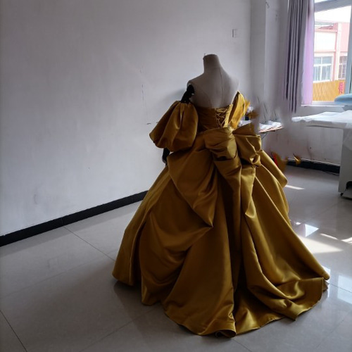 3waysマスタードイエローカラードレス ロング丈 ベアトップ 取り外し  