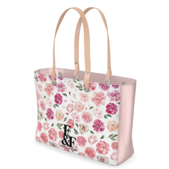 【スモール】デザイントートバッグ ビッグ 花柄 ロゴ ピンク ボタン 牡丹 トート バッグ カバン オシャレ 春 1枚目の画像