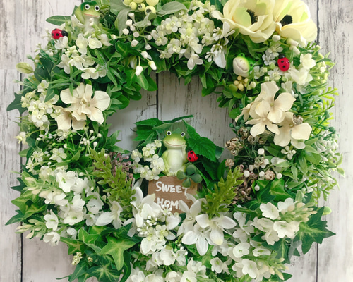 蛙カエルのグリーンフラワーリース アーティフィシャル造花リース