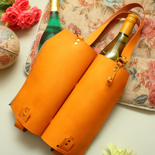 ボトルバッグ (ツイン) イエロー 山吹色 牛革 レザー ワインや日本酒