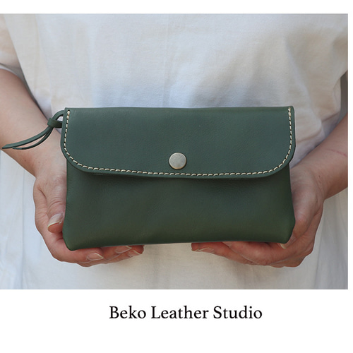 大きな革の長財布/3層に分かれたレザー財布/big3miru-green 長財布
