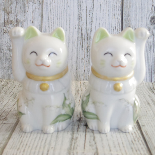 和柄の招き猫（ペア） 磁器 ポーセラーツ 招き猫 fee des neiges