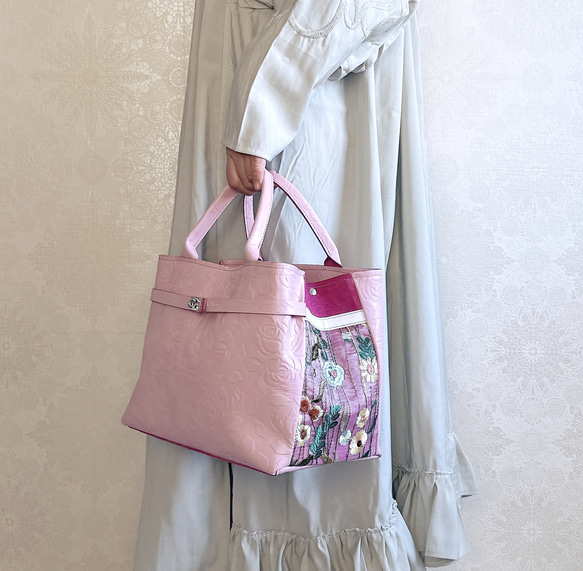 プリモ ハンドバッグ ローズ ベビーピンク 花 刺繍 18枚目の画像