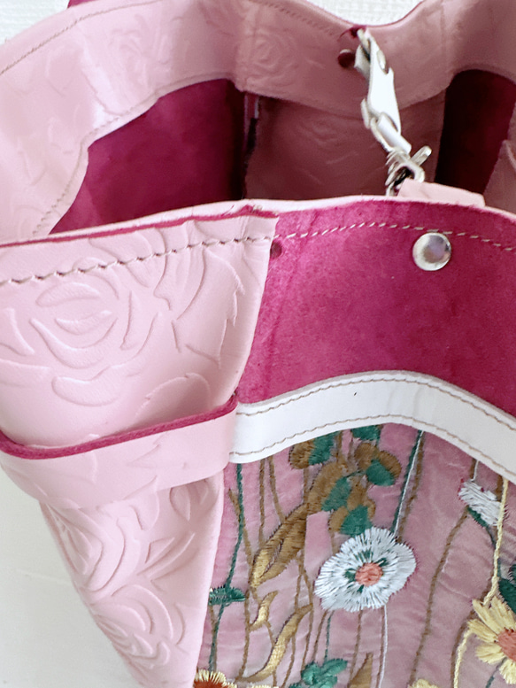 プリモ ハンドバッグ ローズ ベビーピンク 花 刺繍 15枚目の画像