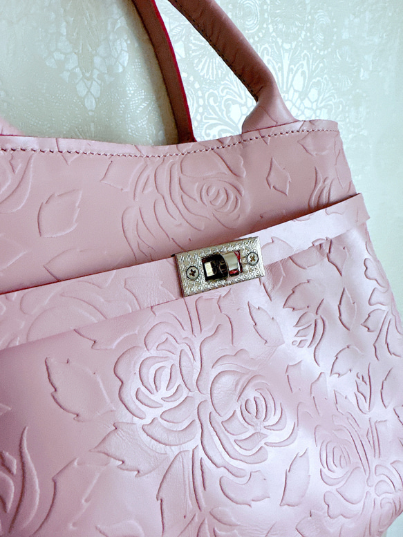プリモ ハンドバッグ ローズ ベビーピンク 花 刺繍 17枚目の画像