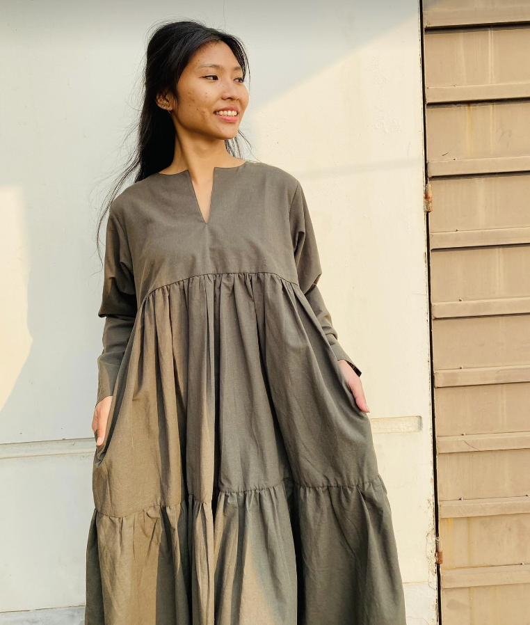 カーキコットンリネン/ティアードワンピース