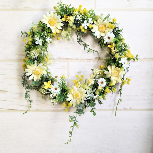 玄関ドアリース ミモザとマーガレットのイエローリース ミモザリース