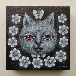 ミニ原画「花に猫」 1枚目の画像