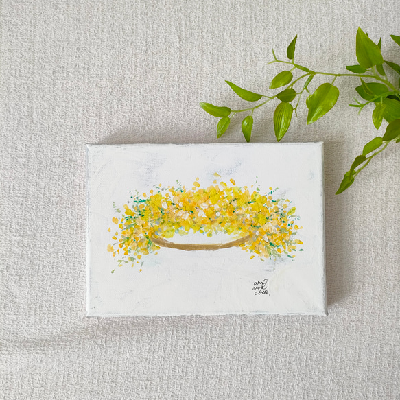 ミモザの花かんむり　キャンバス画　原画 2枚目の画像