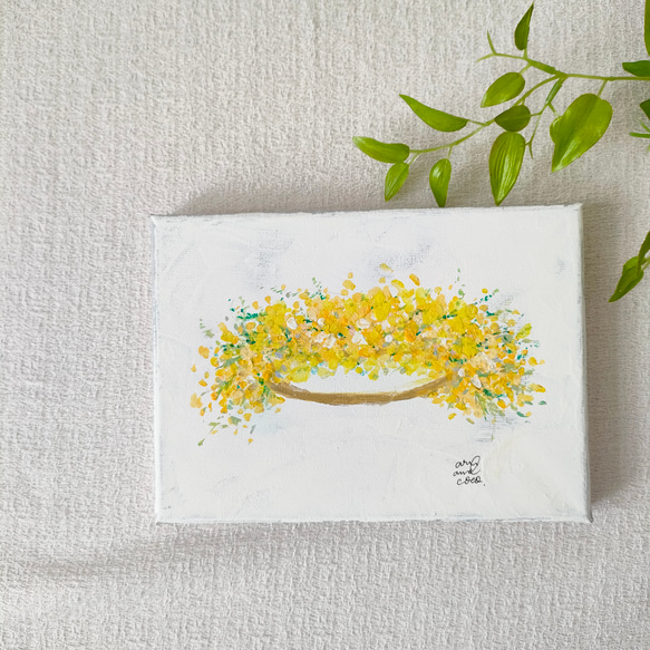 ミモザの花かんむり　キャンバス画　原画 3枚目の画像