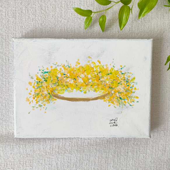 ミモザの花かんむり　キャンバス画　原画 1枚目の画像